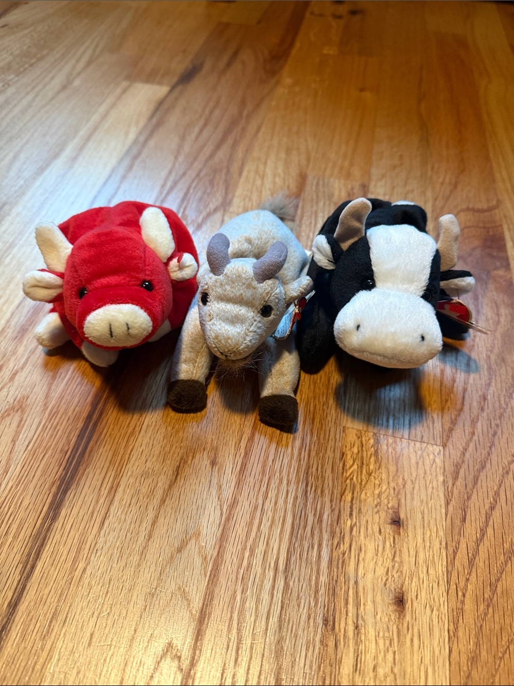 Ty beanie babies farm animal bundle - Red Bull, Gray goat, Black & White Cow